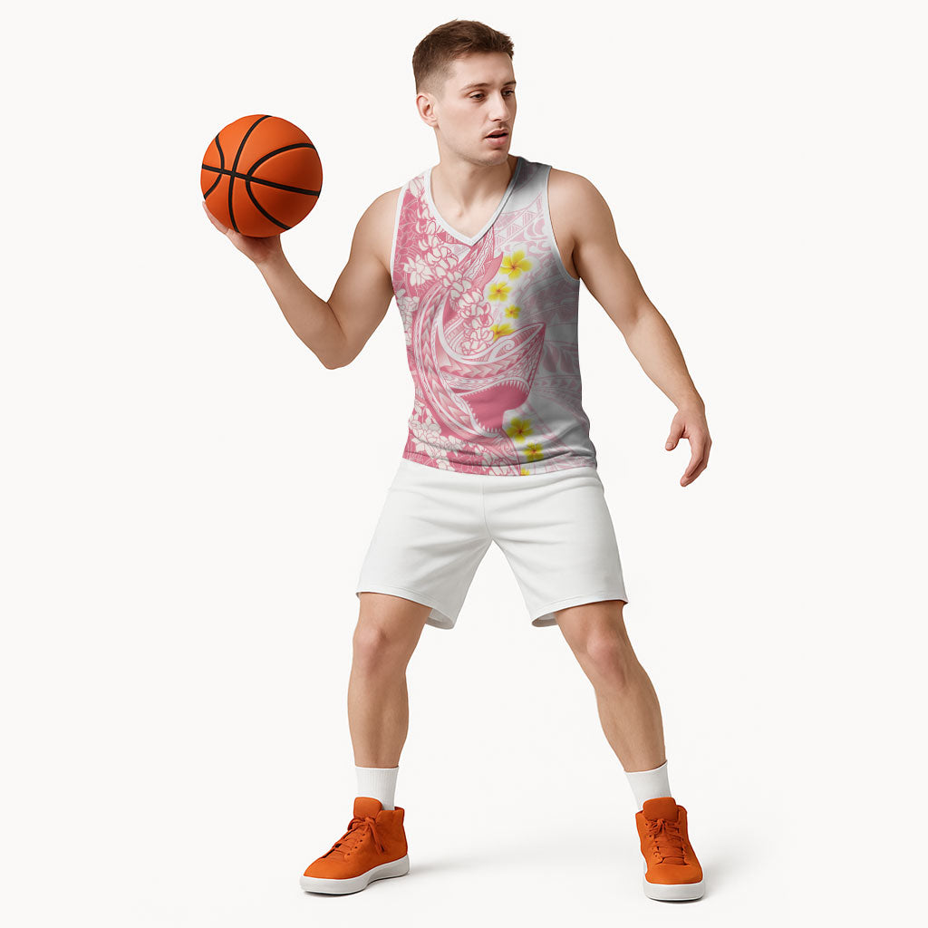 Pink Hawaii Shark Tattoo Basketball Jersey Puakenikeni Lei Plumeria Polynesian Pattern LT14 - Polynesian Pride