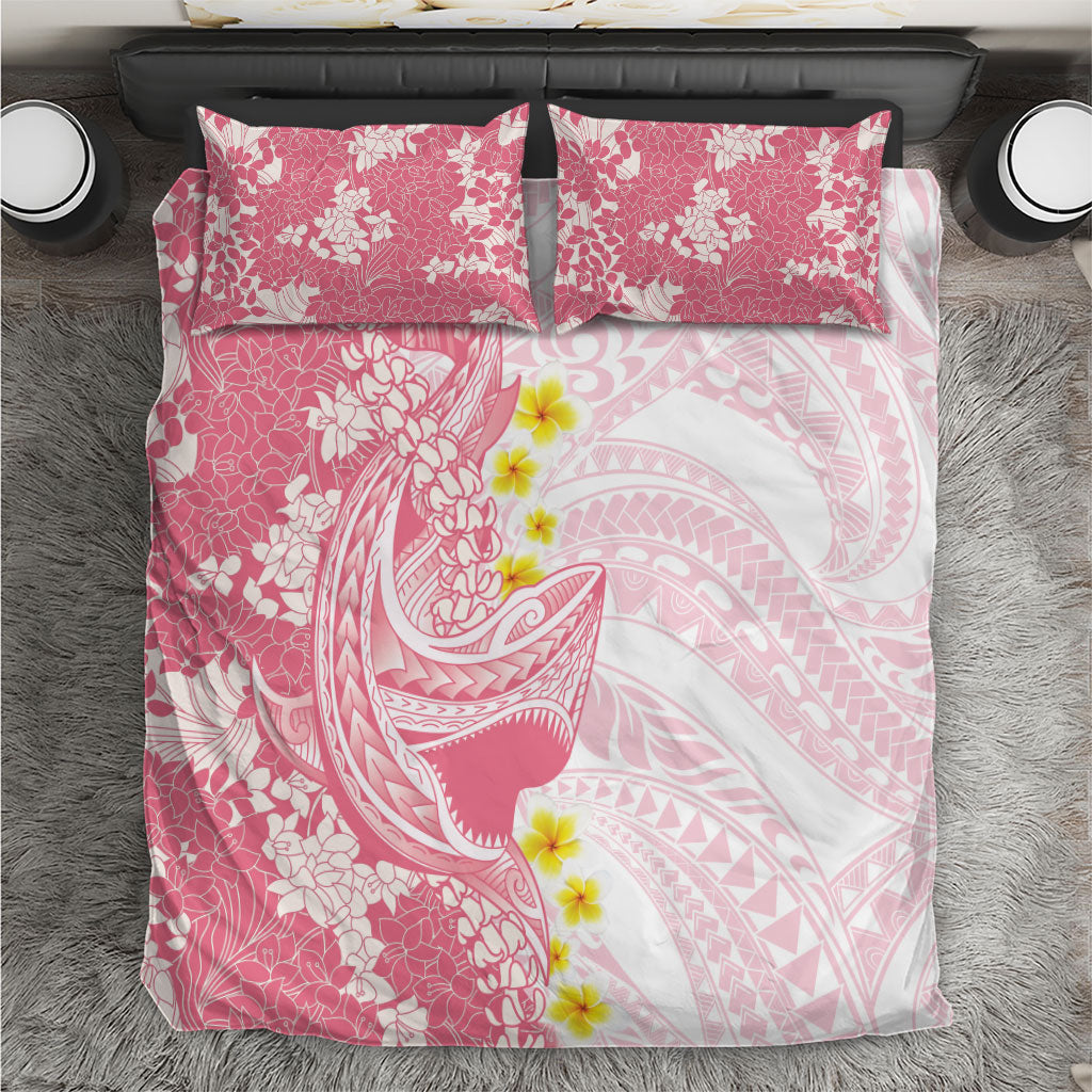 Pink Hawaii Shark Tattoo Bedding Set Puakenikeni Lei Plumeria Polynesian Pattern