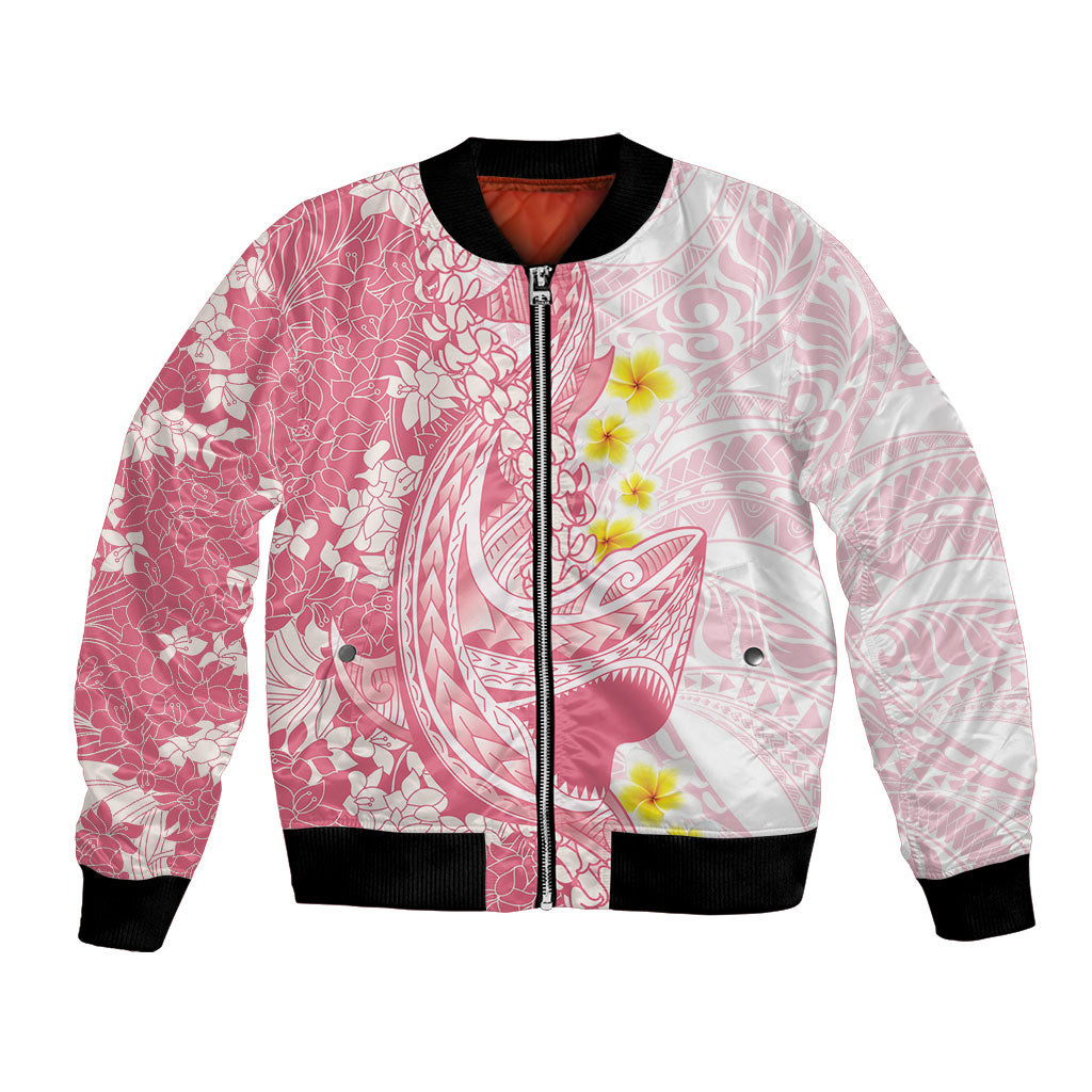 Pink Hawaii Shark Tattoo Bomber Jacket Puakenikeni Lei Plumeria Polynesian Pattern LT14 Unisex Pink - Polynesian Pride