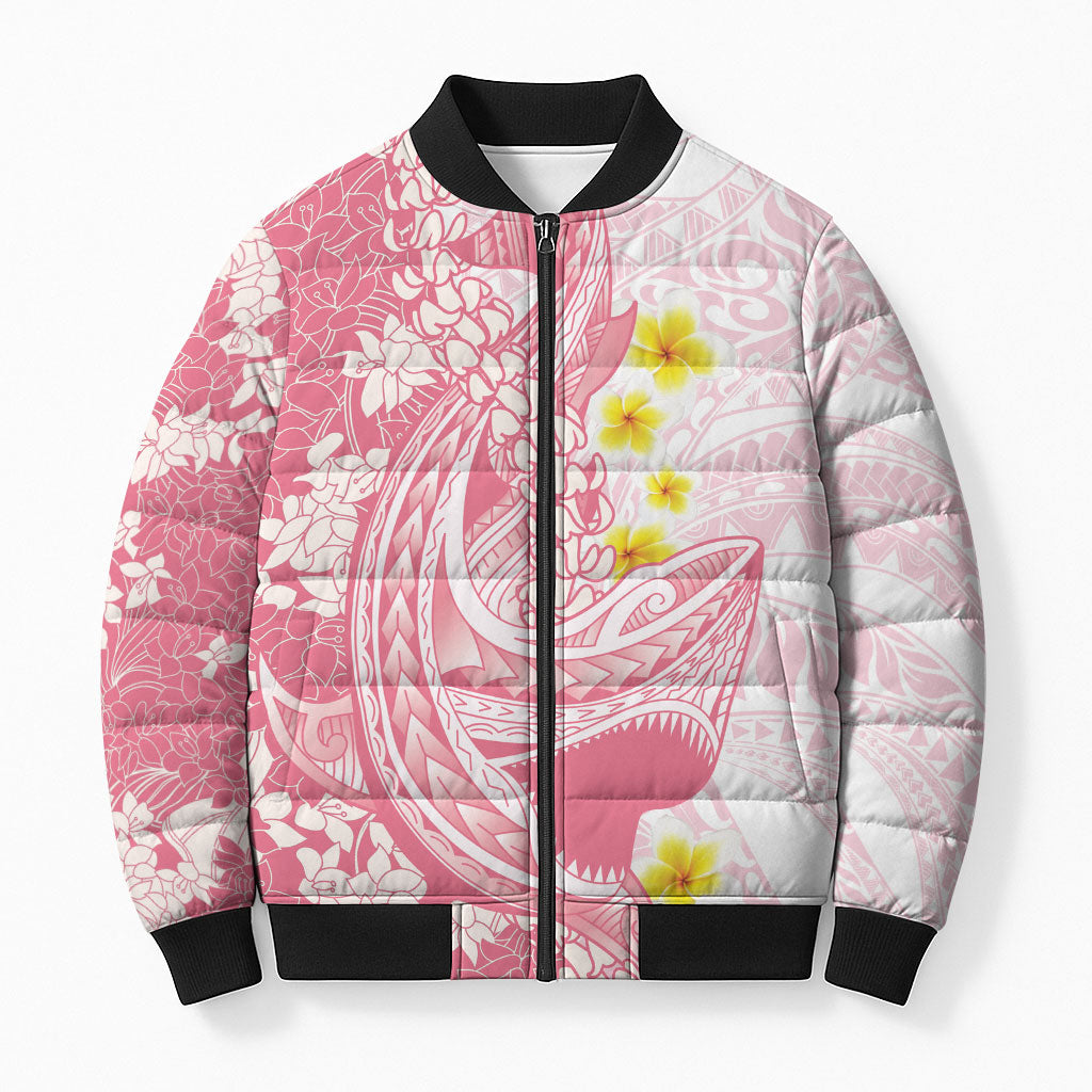 Pink Hawaii Shark Tattoo Bomber Puffer Jacket Puakenikeni Lei Plumeria Polynesian Pattern LT14 Unisex Pink - Polynesian Pride