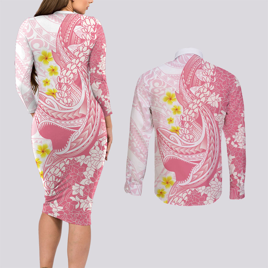 Pink Hawaii Shark Tattoo Couples Matching Long Sleeve Bodycon Dress and Long Sleeve Button Shirt Puakenikeni Lei Plumeria Polynesian Pattern