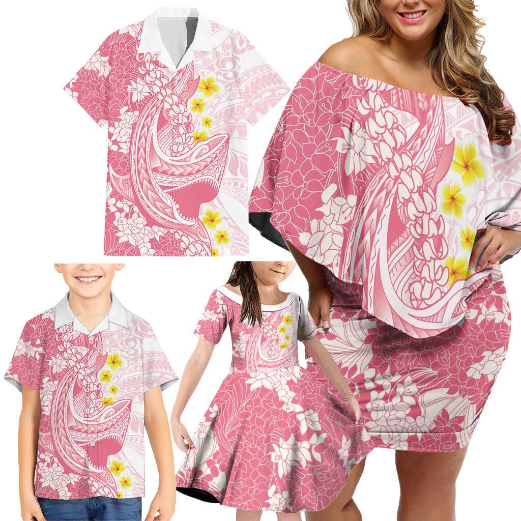 Pink Hawaii Shark Tattoo Family Matching Off Shoulder Short Dress and Hawaiian Shirt Puakenikeni Lei Plumeria Polynesian Pattern