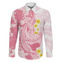 Pink Hawaii Shark Tattoo Family Matching Off Shoulder Short Dress and Hawaiian Shirt Puakenikeni Lei Plumeria Polynesian Pattern LT14 Dad's Shirt - Long Sleeve Pink - Polynesian Pride
