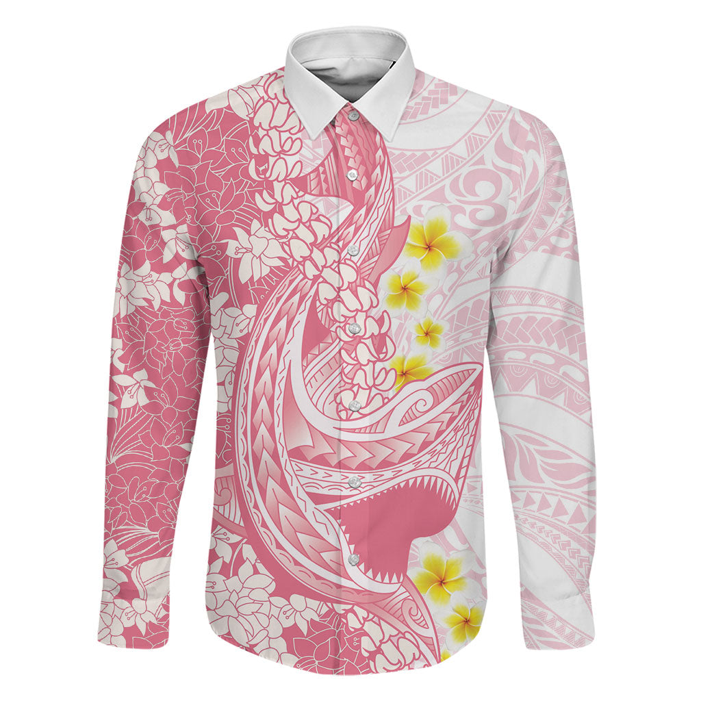 Pink Hawaii Shark Tattoo Family Matching Puletasi and Hawaiian Shirt Puakenikeni Lei Plumeria Polynesian Pattern LT14 Dad's Shirt - Long Sleeve Pink - Polynesian Pride