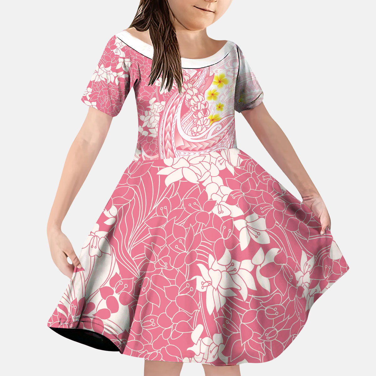 Pink Hawaii Shark Tattoo Kid Short Sleeve Dress Puakenikeni Lei Plumeria Polynesian Pattern LT14 KID Pink - Polynesian Pride