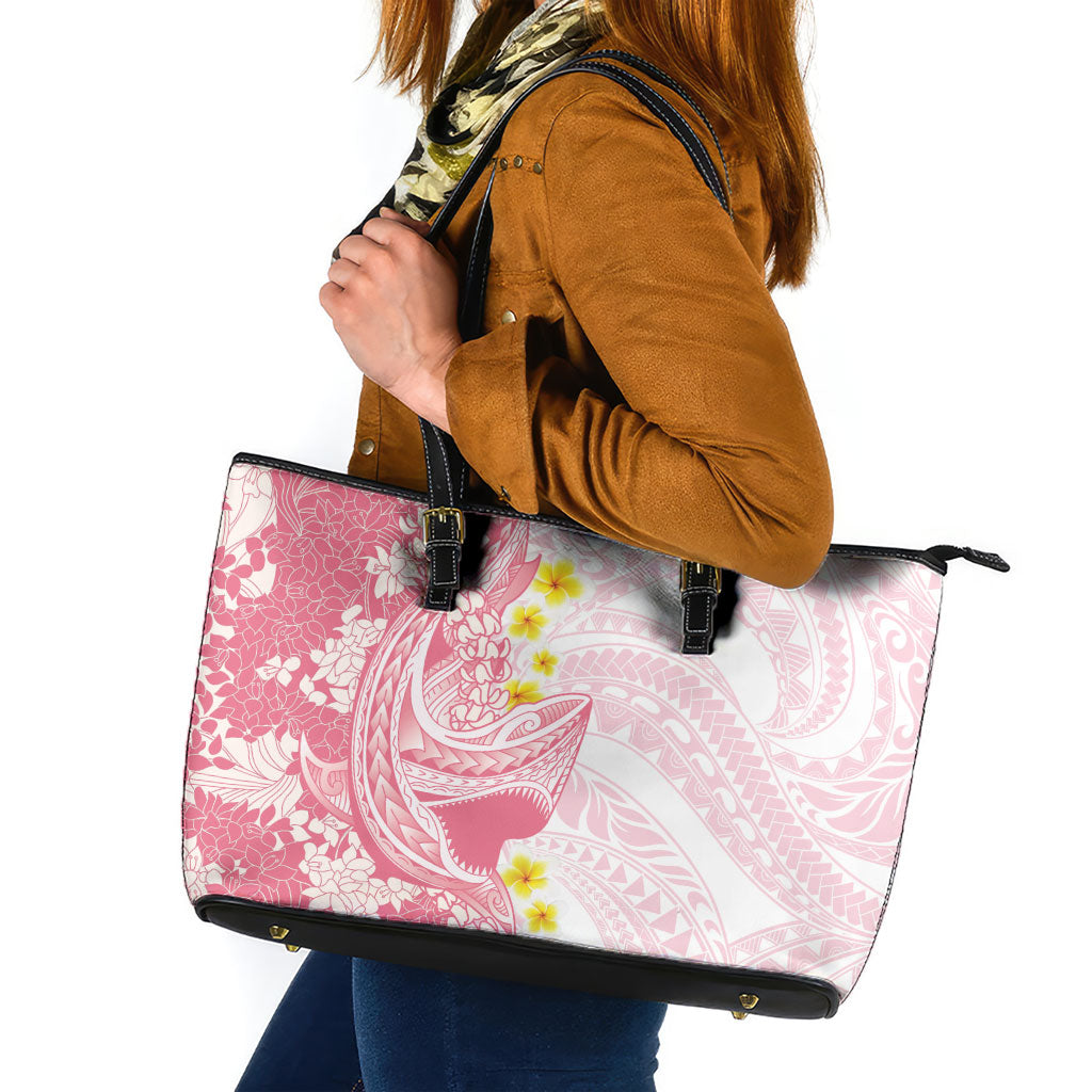 Pink Hawaii Shark Tattoo Leather Tote Bag Puakenikeni Lei Plumeria Polynesian Pattern LT14 Pink - Polynesian Pride