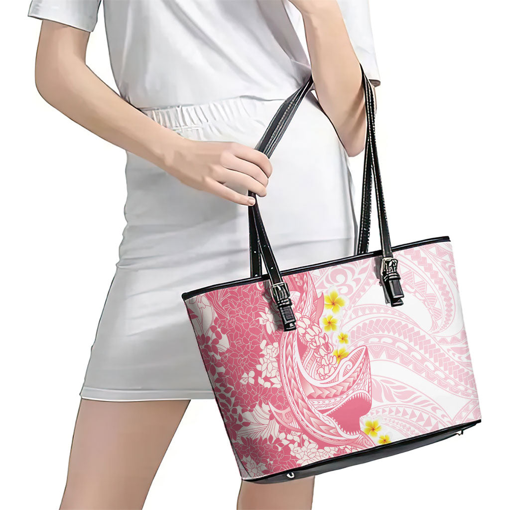 Pink Hawaii Shark Tattoo Leather Tote Bag Puakenikeni Lei Plumeria Polynesian Pattern LT14 - Polynesian Pride