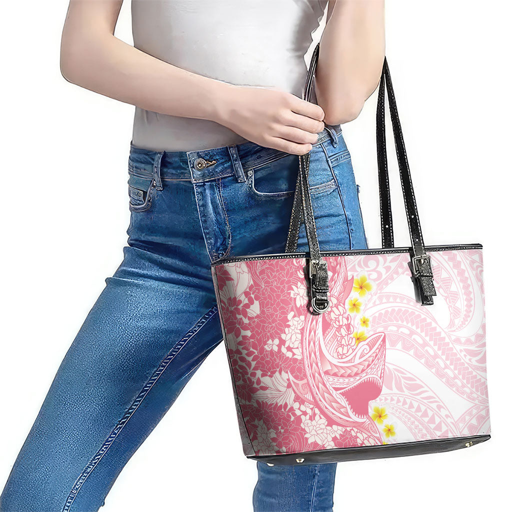 Pink Hawaii Shark Tattoo Leather Tote Bag Puakenikeni Lei Plumeria Polynesian Pattern LT14 - Polynesian Pride