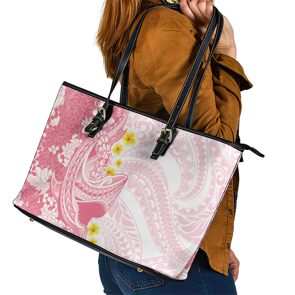 Pink Hawaii Shark Tattoo Leather Tote Bag Puakenikeni Lei Plumeria Polynesian Pattern LT14 - Polynesian Pride