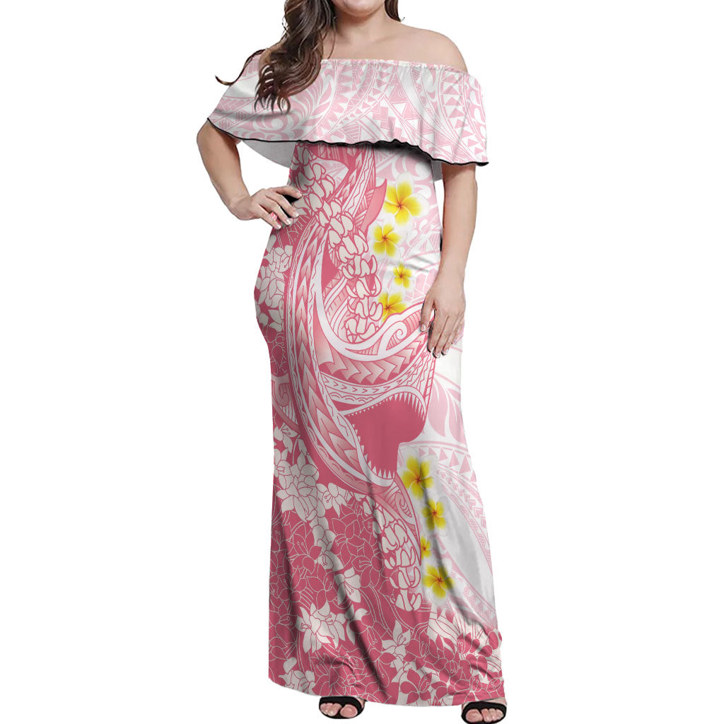 Pink Hawaii Shark Tattoo Off Shoulder Maxi Dress Puakenikeni Lei Plumeria Polynesian Pattern LT14 Women Pink - Polynesian Pride