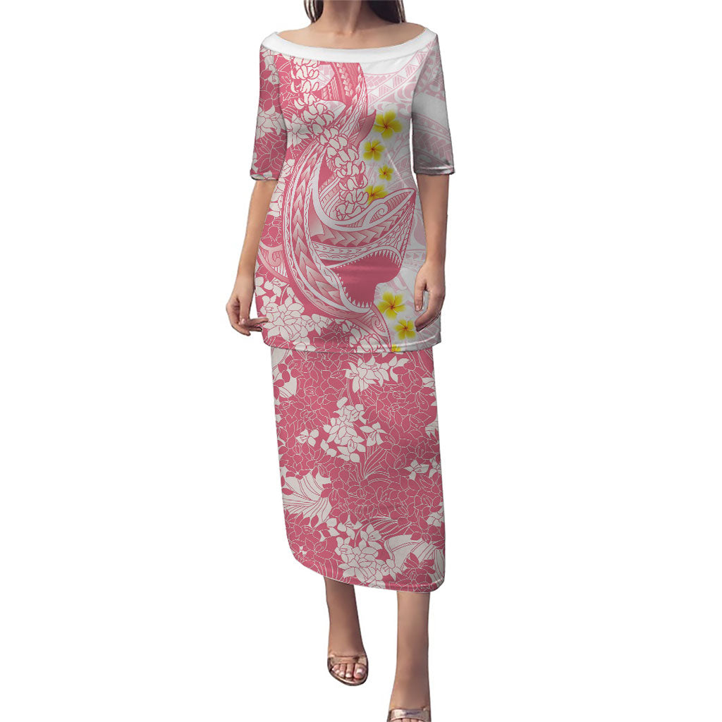 Pink Hawaii Shark Tattoo Puletasi Puakenikeni Lei Plumeria Polynesian Pattern LT14 Long Dress Pink - Polynesian Pride