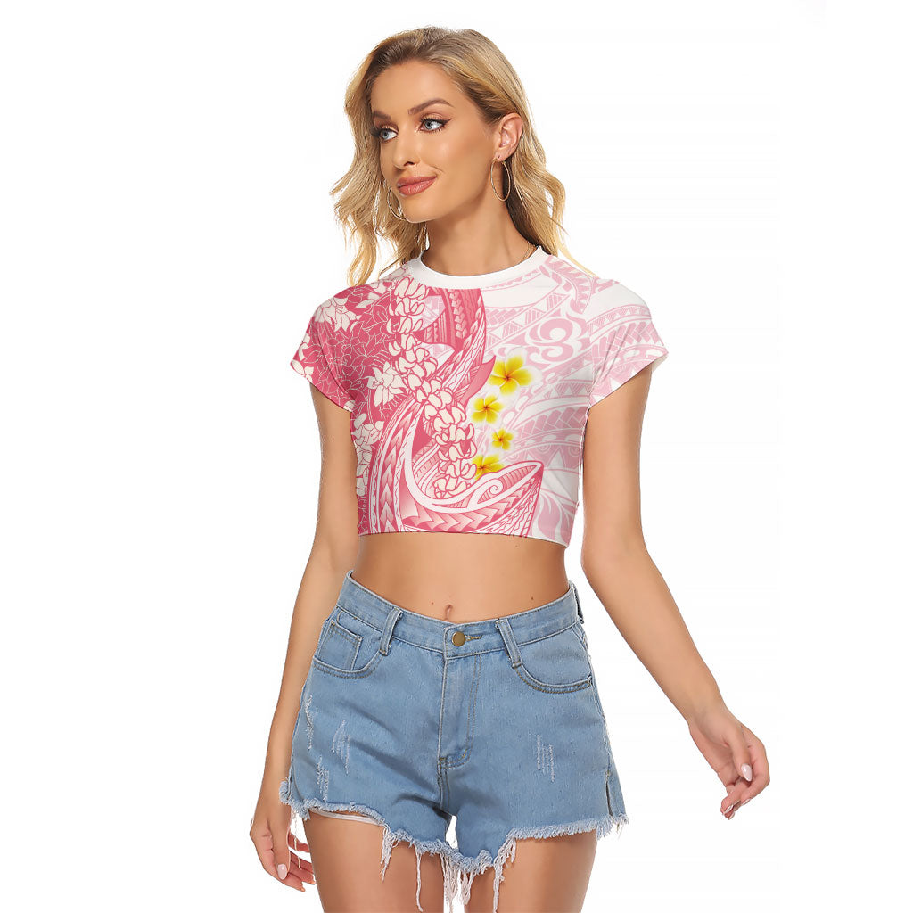 Pink Hawaii Shark Tattoo Raglan Cropped T Shirt Puakenikeni Lei Plumeria Polynesian Pattern LT14 Female Pink - Polynesian Pride