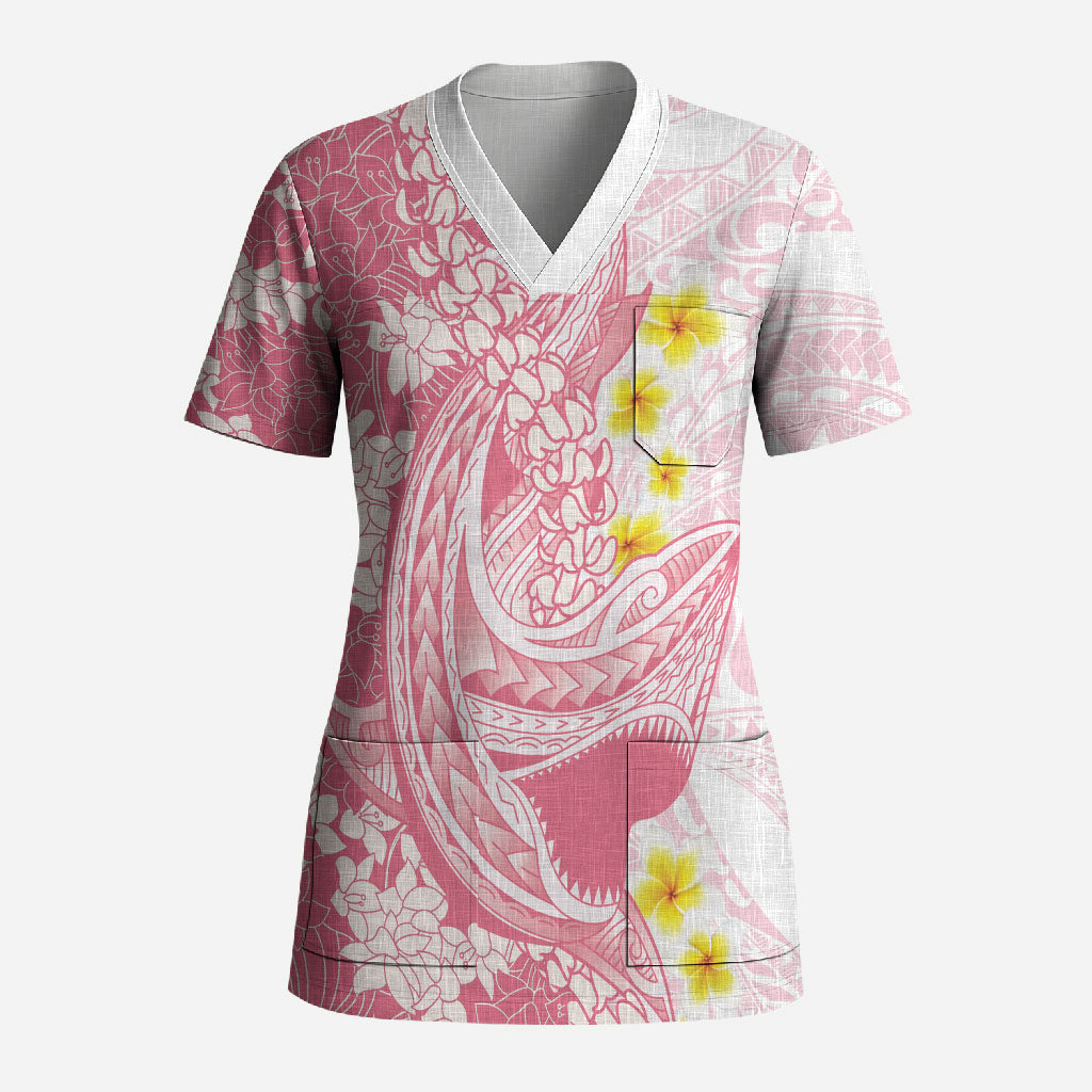 Pink Hawaii Shark Tattoo Scrub Top Puakenikeni Lei Plumeria Polynesian Pattern LT14 Adult Pink - Polynesian Pride