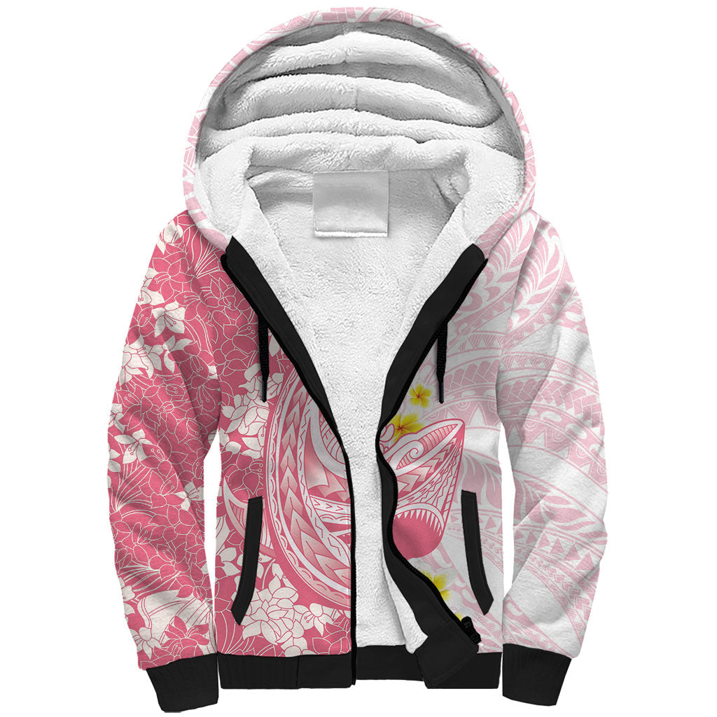 Pink Hawaii Shark Tattoo Sherpa Hoodie Puakenikeni Lei Plumeria Polynesian Pattern