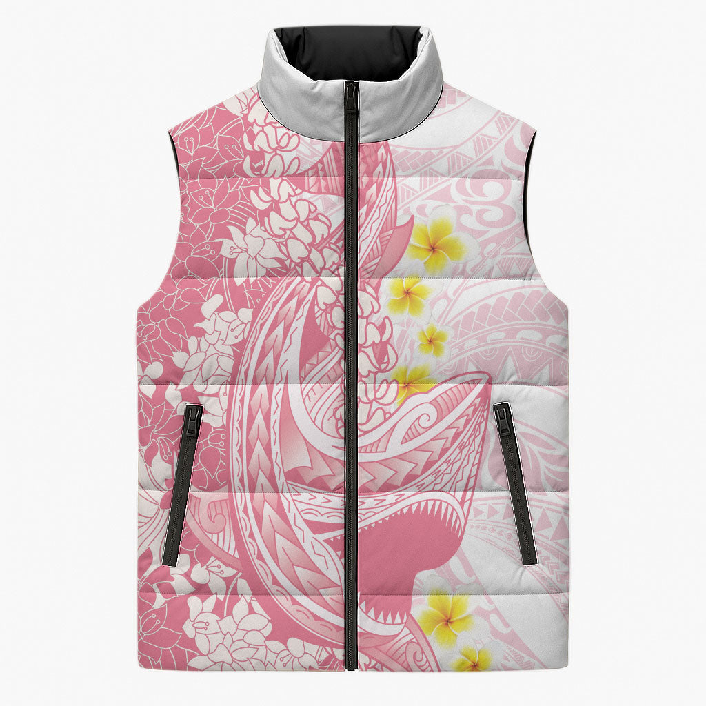 Pink Hawaii Shark Tattoo Sleeveless Puffer Jacket Puakenikeni Lei Plumeria Polynesian Pattern LT14 Unisex Pink - Polynesian Pride