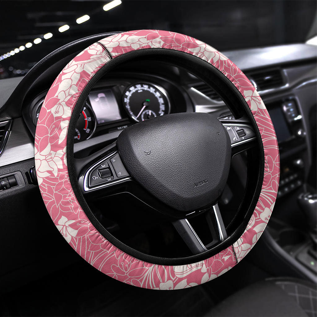 Pink Hawaii Shark Tattoo Steering Wheel Cover Puakenikeni Lei Plumeria Polynesian Pattern LT14 Universal Fit Pink - Polynesian Pride