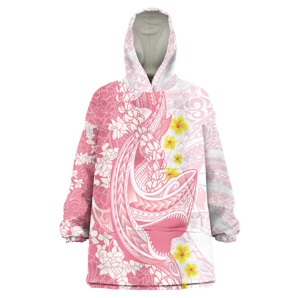 Pink Hawaii Shark Tattoo Wearable Blanket Hoodie Puakenikeni Lei Plumeria Polynesian Pattern