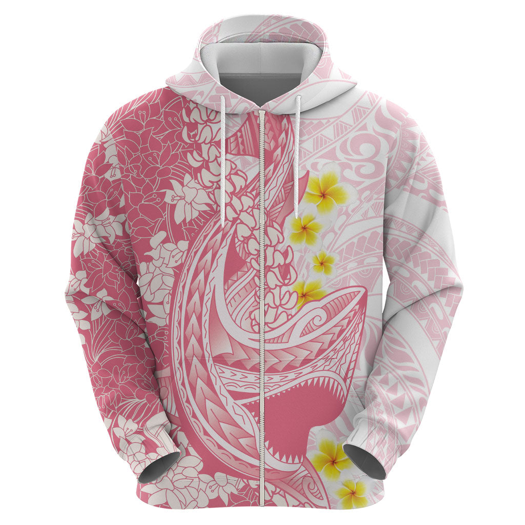Pink Hawaii Shark Tattoo Zip Hoodie Puakenikeni Lei Plumeria Polynesian Pattern LT14 - Polynesian Pride