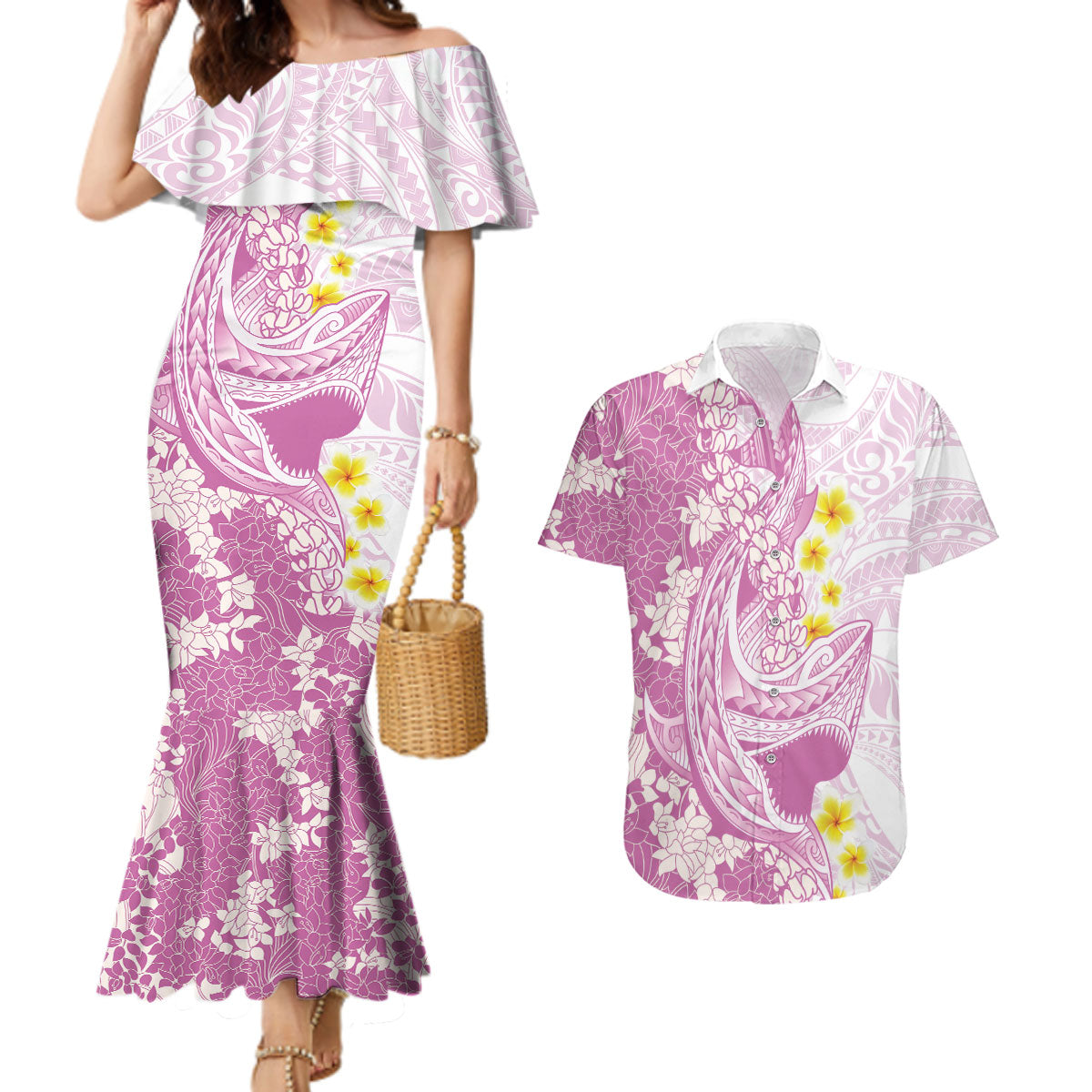 Purple Hawaii Shark Tattoo Couples Matching Mermaid Dress and Hawaiian Shirt Puakenikeni Lei Plumeria Polynesian Pattern LT14 Purple - Polynesian Pride