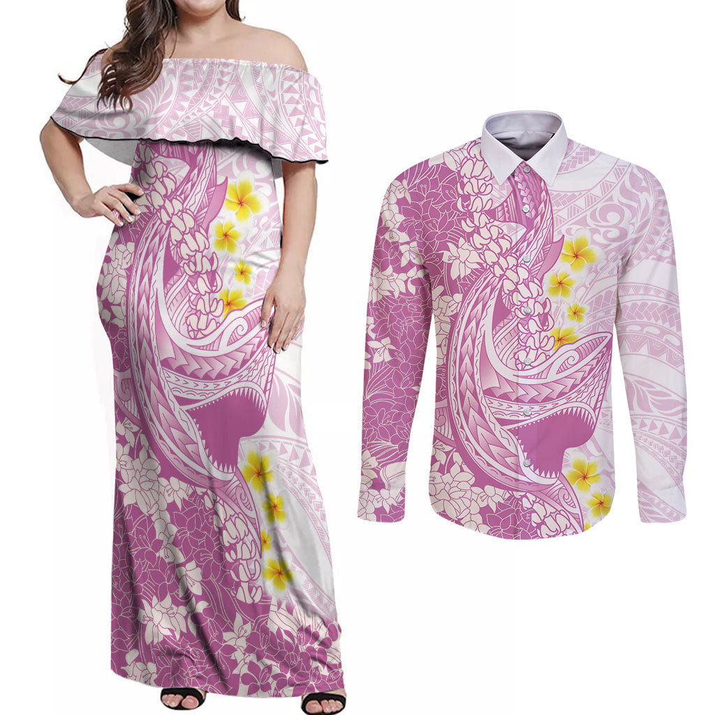 Purple Hawaii Shark Tattoo Couples Matching Off Shoulder Maxi Dress and Long Sleeve Button Shirt Puakenikeni Lei Plumeria Polynesian Pattern LT14 Purple - Polynesian Pride