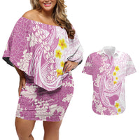 Purple Hawaii Shark Tattoo Couples Matching Off Shoulder Short Dress and Hawaiian Shirt Puakenikeni Lei Plumeria Polynesian Pattern