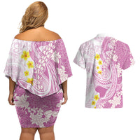 Purple Hawaii Shark Tattoo Couples Matching Off Shoulder Short Dress and Hawaiian Shirt Puakenikeni Lei Plumeria Polynesian Pattern