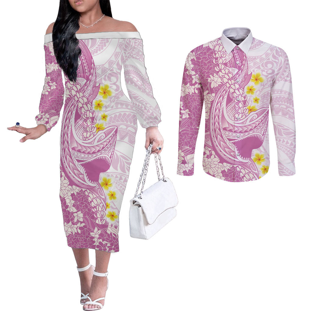 Purple Hawaii Shark Tattoo Couples Matching Off The Shoulder Long Sleeve Dress and Long Sleeve Button Shirt Puakenikeni Lei Plumeria Polynesian Pattern LT14 Purple - Polynesian Pride