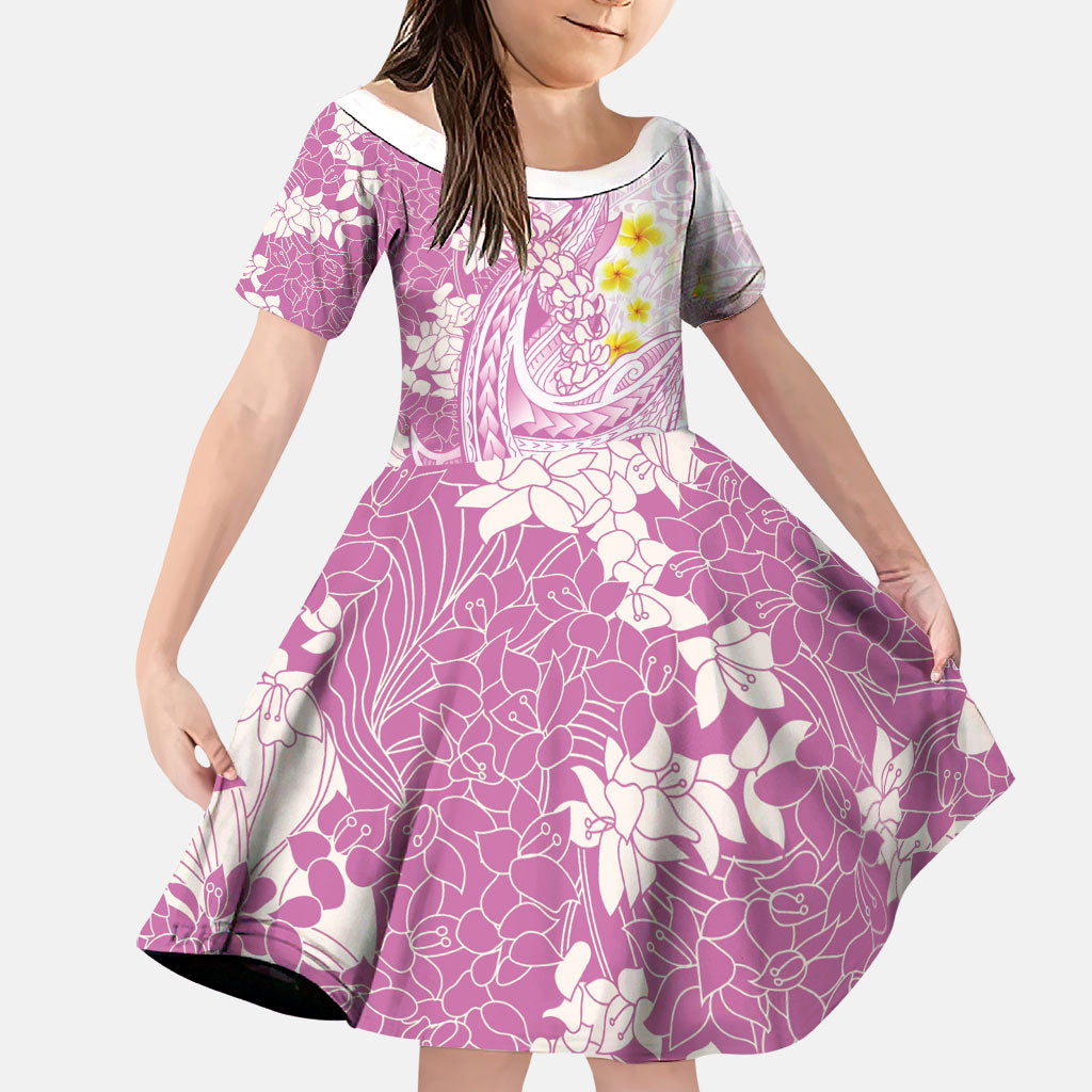 Purple Hawaii Shark Tattoo Family Matching Off The Shoulder Long Sleeve Dress and Hawaiian Shirt Puakenikeni Lei Plumeria Polynesian Pattern LT14 Daughter's Dress Purple - Polynesian Pride