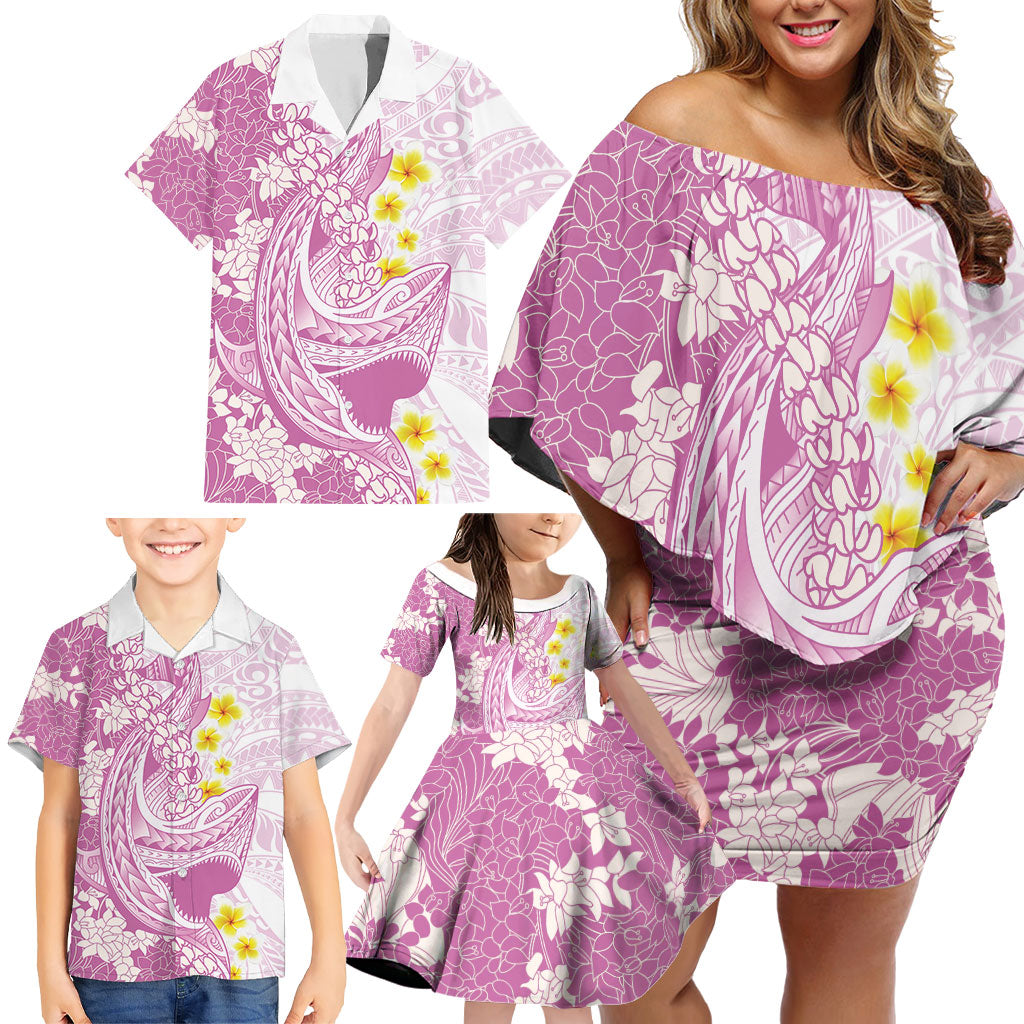 Purple Hawaii Shark Tattoo Family Matching Off Shoulder Short Dress and Hawaiian Shirt Puakenikeni Lei Plumeria Polynesian Pattern