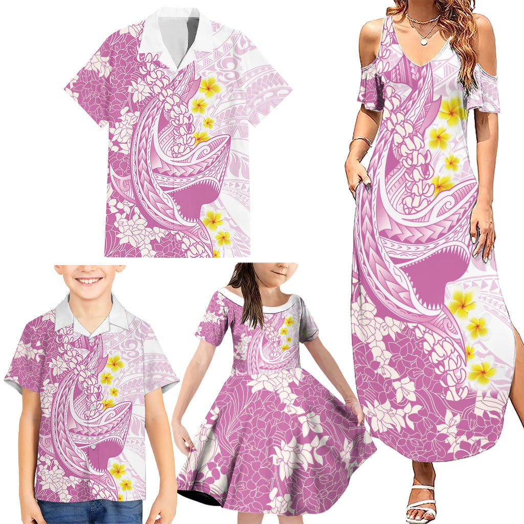 Purple Hawaii Shark Tattoo Family Matching Summer Maxi Dress and Hawaiian Shirt Puakenikeni Lei Plumeria Polynesian Pattern