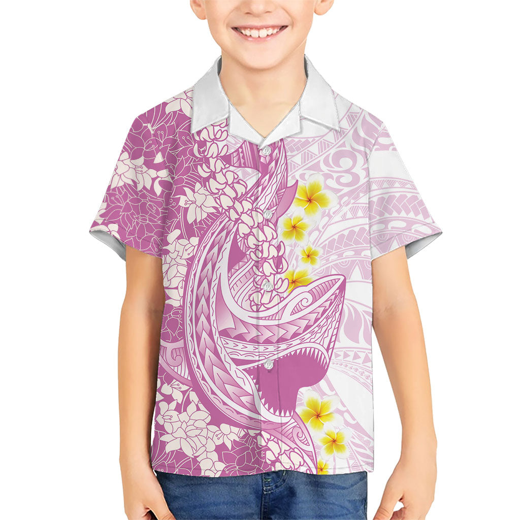 Purple Hawaii Shark Tattoo Kid Hawaiian Shirt Puakenikeni Lei Plumeria Polynesian Pattern