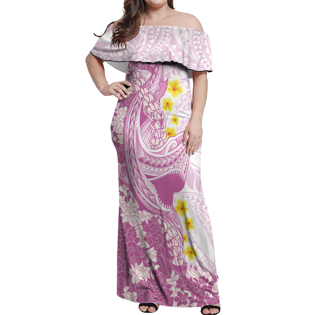 Purple Hawaii Shark Tattoo Off Shoulder Maxi Dress Puakenikeni Lei Plumeria Polynesian Pattern LT14 Women Purple - Polynesian Pride