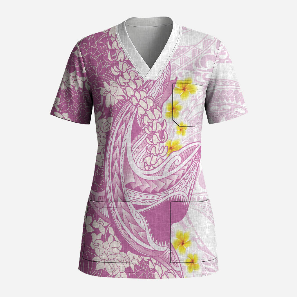 Purple Hawaii Shark Tattoo Scrub Top Puakenikeni Lei Plumeria Polynesian Pattern LT14 Adult Purple - Polynesian Pride
