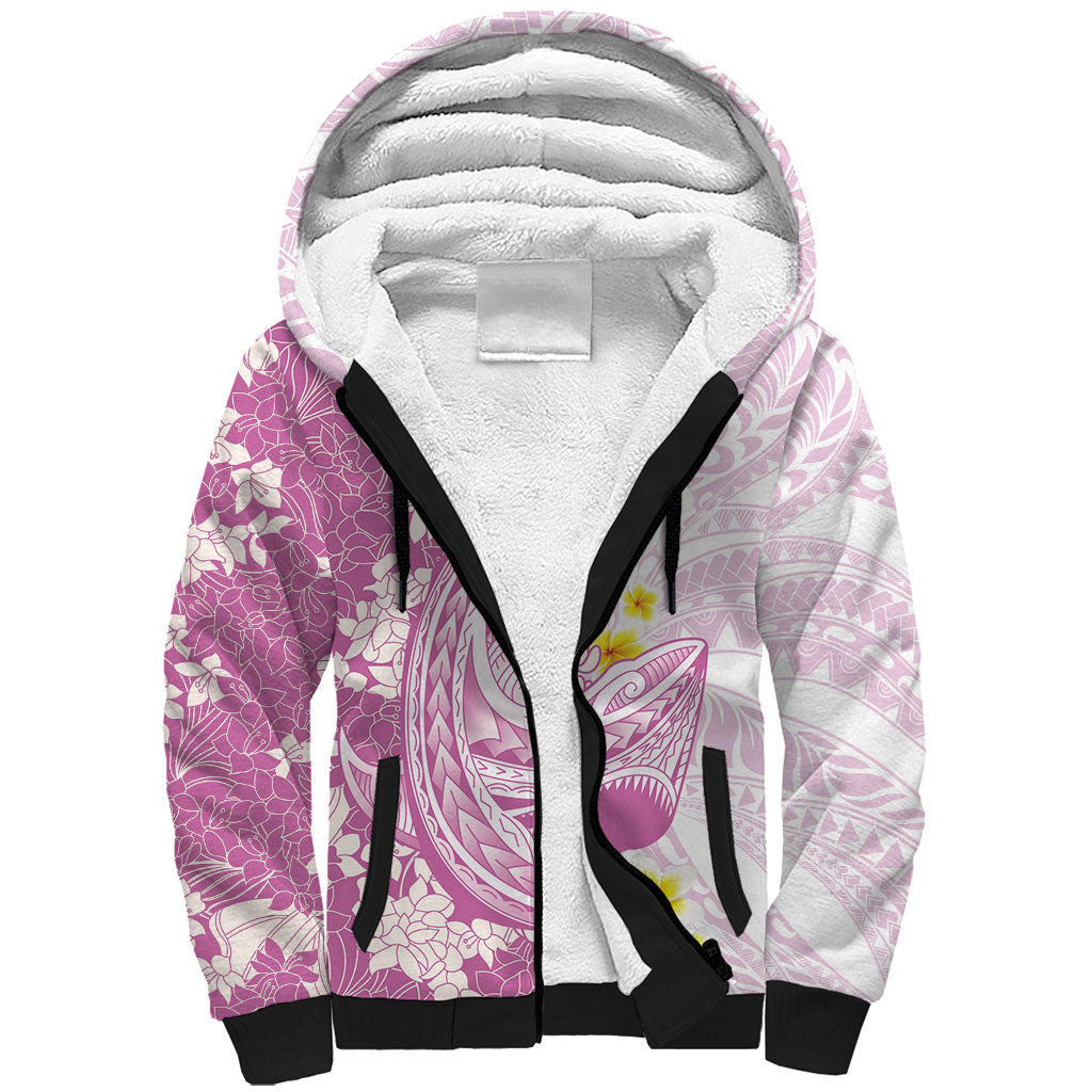 Purple Hawaii Shark Tattoo Sherpa Hoodie Puakenikeni Lei Plumeria Polynesian Pattern