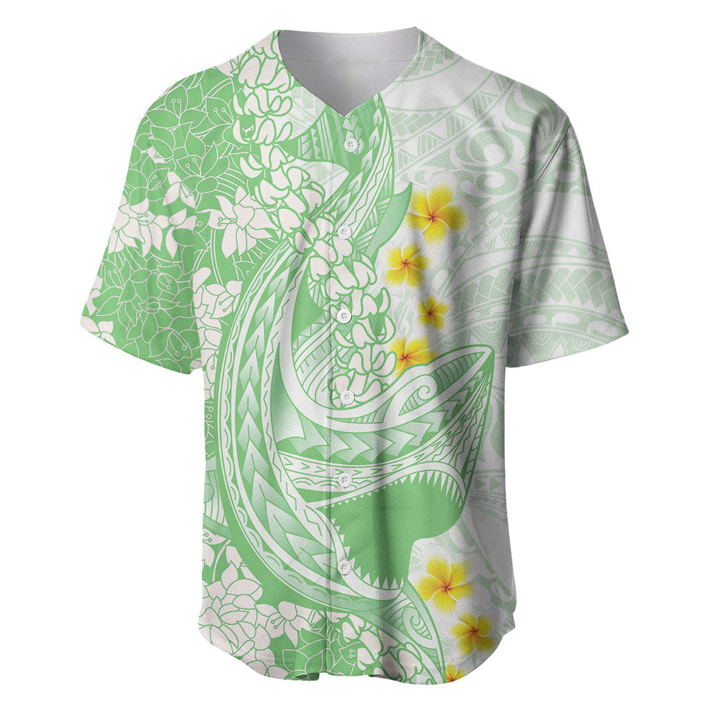 Green Hawaii Shark Tattoo Baseball Jersey Puakenikeni Lei Plumeria Polynesian Pattern LT14 Green - Polynesian Pride
