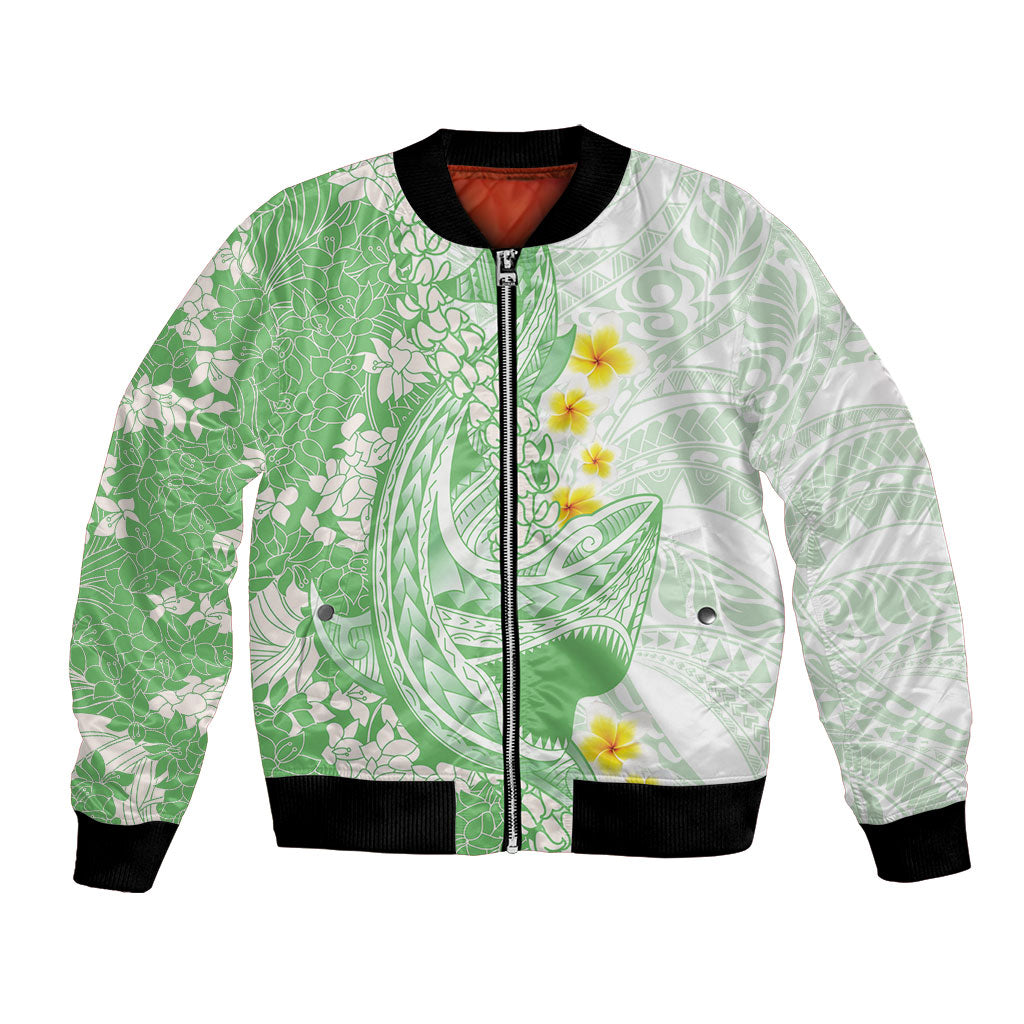 Green Hawaii Shark Tattoo Bomber Jacket Puakenikeni Lei Plumeria Polynesian Pattern