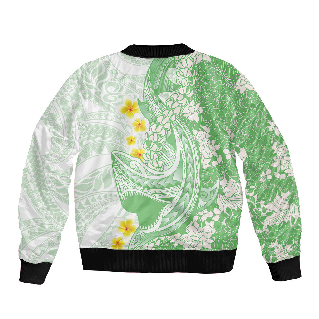 Green Hawaii Shark Tattoo Bomber Jacket Puakenikeni Lei Plumeria Polynesian Pattern