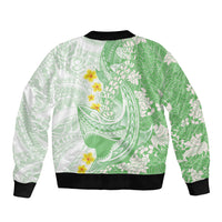 Green Hawaii Shark Tattoo Bomber Jacket Puakenikeni Lei Plumeria Polynesian Pattern