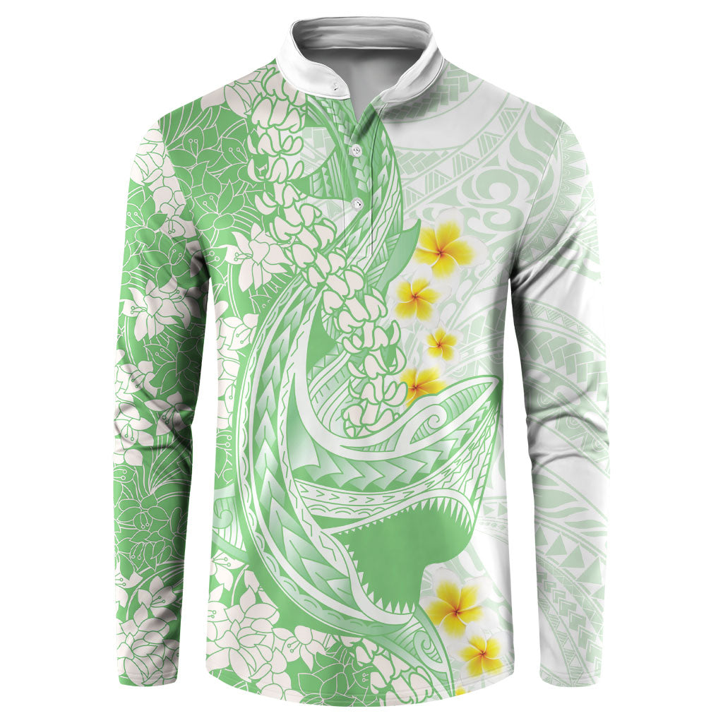 Green Hawaii Shark Tattoo Button Sweatshirt Puakenikeni Lei Plumeria Polynesian Pattern