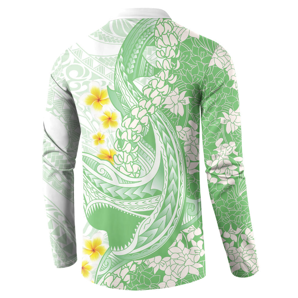 Green Hawaii Shark Tattoo Button Sweatshirt Puakenikeni Lei Plumeria Polynesian Pattern