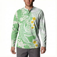 Green Hawaii Shark Tattoo Button Sweatshirt Puakenikeni Lei Plumeria Polynesian Pattern