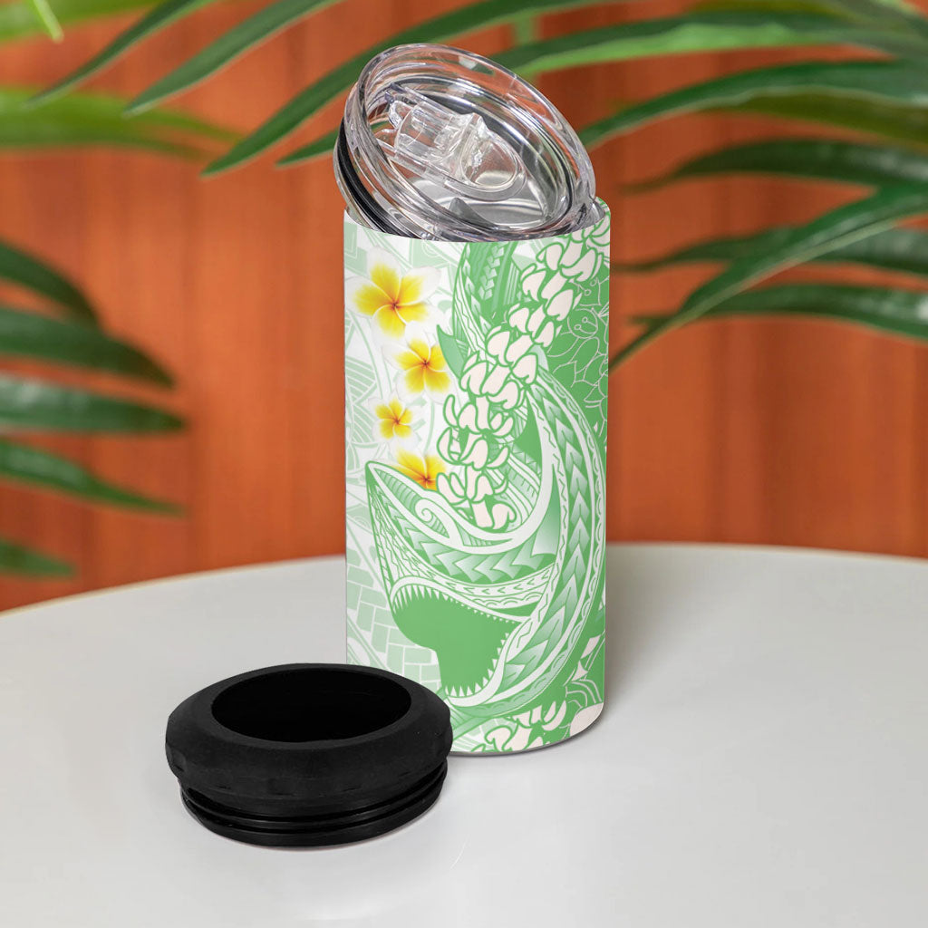 Green Hawaii Shark Tattoo 4 in 1 Can Cooler Tumbler Puakenikeni Lei Plumeria Polynesian Pattern LT14 - Polynesian Pride
