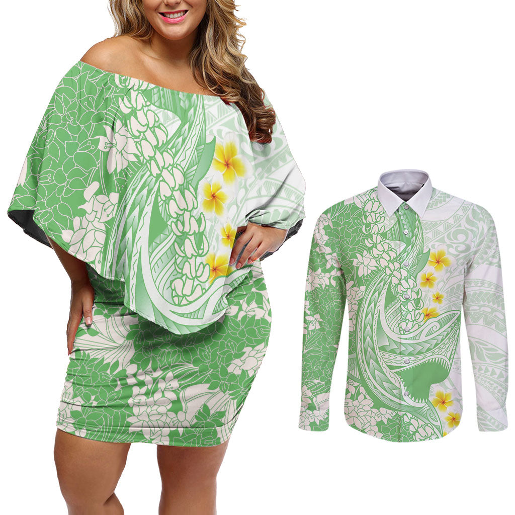 Green Hawaii Shark Tattoo Couples Matching Off Shoulder Short Dress and Long Sleeve Button Shirt Puakenikeni Lei Plumeria Polynesian Pattern LT14 Green - Polynesian Pride