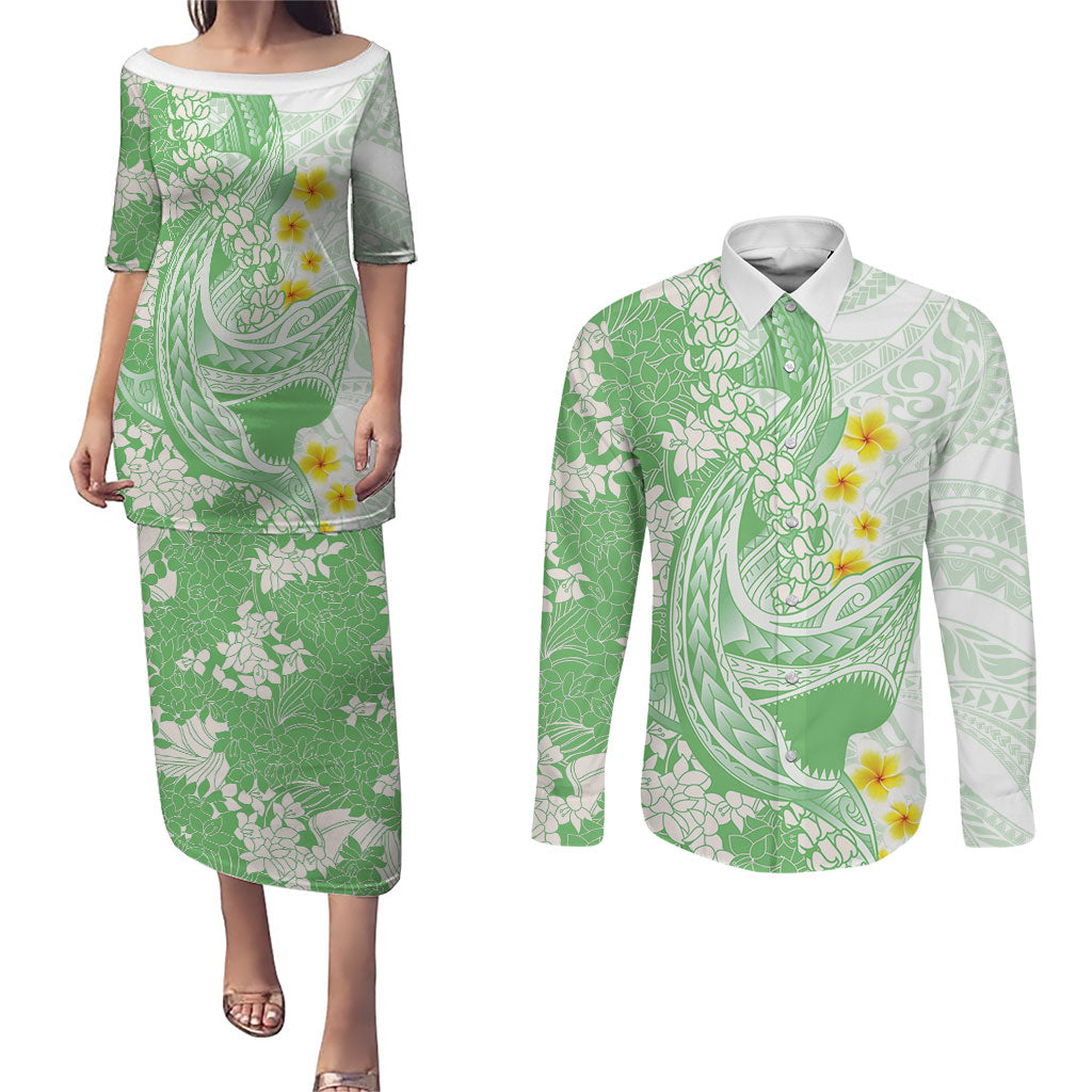 Green Hawaii Shark Tattoo Couples Matching Puletasi and Long Sleeve Button Shirt Puakenikeni Lei Plumeria Polynesian Pattern LT14 Green - Polynesian Pride