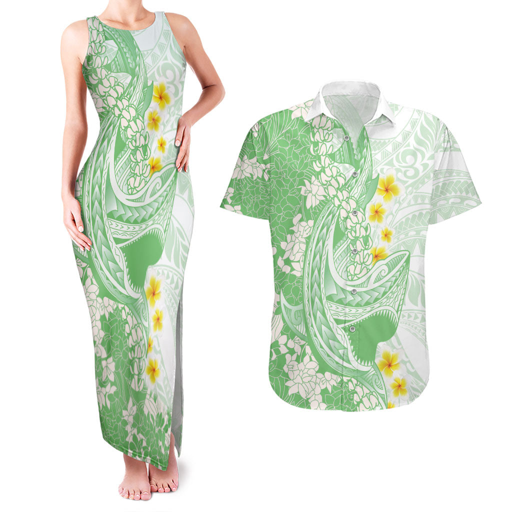 Green Hawaii Shark Tattoo Couples Matching Tank Maxi Dress and Hawaiian Shirt Puakenikeni Lei Plumeria Polynesian Pattern