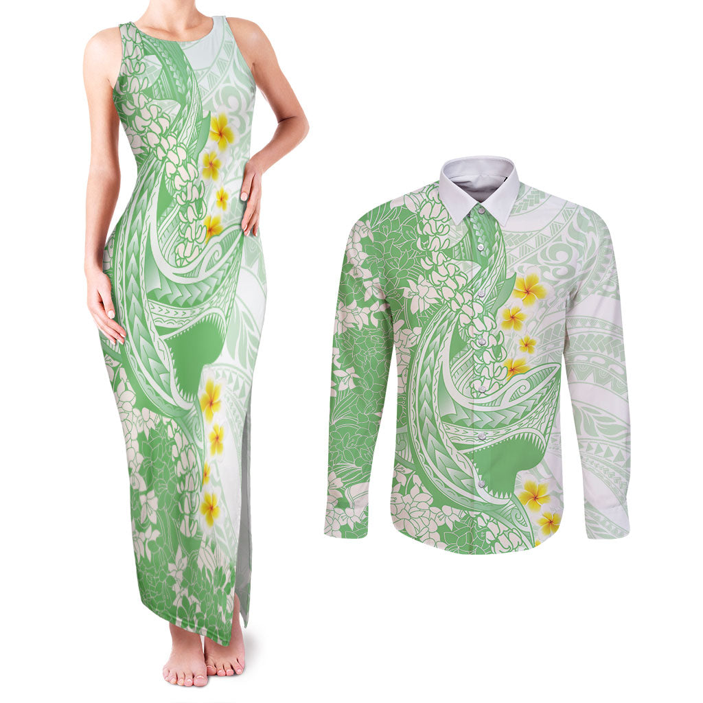 Green Hawaii Shark Tattoo Couples Matching Tank Maxi Dress and Long Sleeve Button Shirt Puakenikeni Lei Plumeria Polynesian Pattern LT14 Green - Polynesian Pride