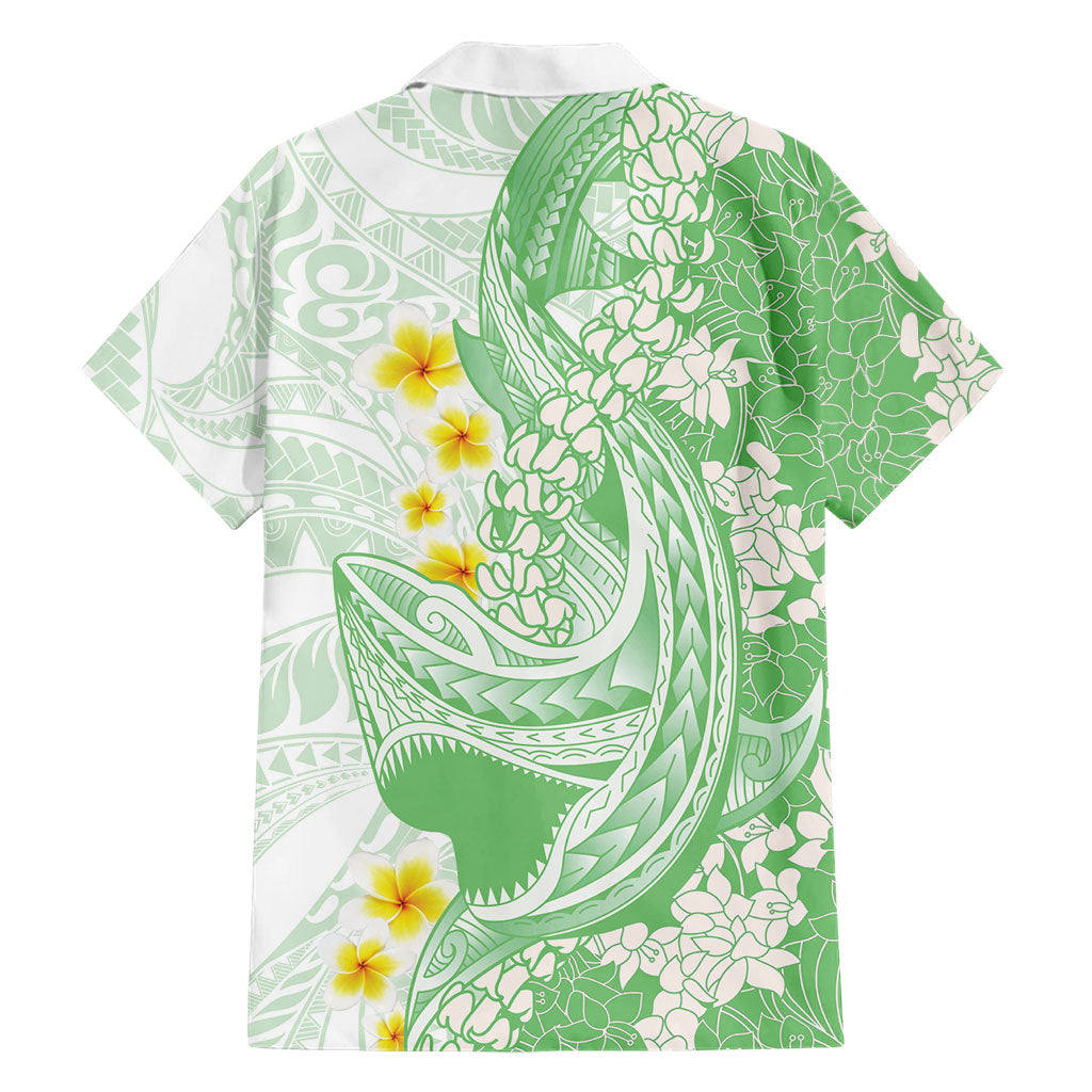 Green Hawaii Shark Tattoo Family Matching Off The Shoulder Long Sleeve Dress and Hawaiian Shirt Puakenikeni Lei Plumeria Polynesian Pattern LT14 - Polynesian Pride