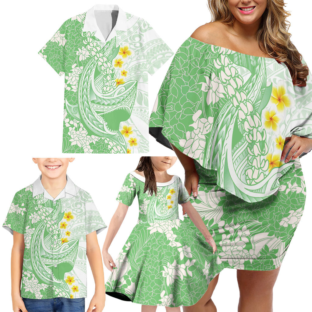 Green Hawaii Shark Tattoo Family Matching Off Shoulder Short Dress and Hawaiian Shirt Puakenikeni Lei Plumeria Polynesian Pattern