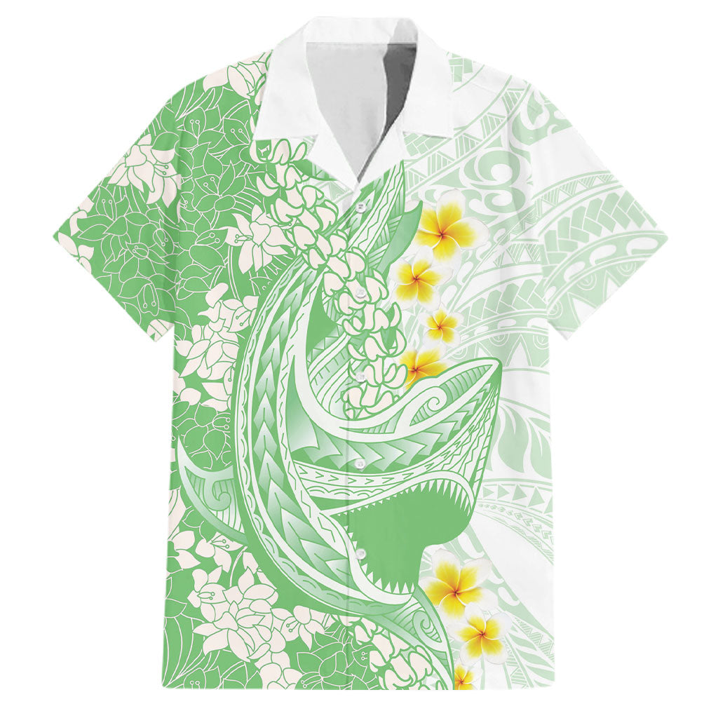 Green Hawaii Shark Tattoo Family Matching Off Shoulder Short Dress and Hawaiian Shirt Puakenikeni Lei Plumeria Polynesian Pattern LT14 Dad's Shirt - Short Sleeve Green - Polynesian Pride