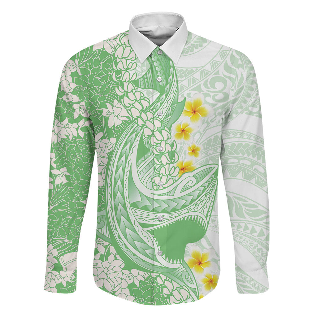Green Hawaii Shark Tattoo Family Matching Off Shoulder Short Dress and Hawaiian Shirt Puakenikeni Lei Plumeria Polynesian Pattern LT14 Dad's Shirt - Long Sleeve Green - Polynesian Pride